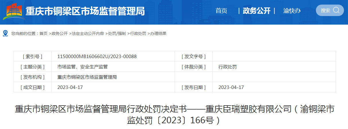 关于重庆臣瑞塑胶有限公司的行政处罚决定书（渝铜kaiyun网站梁市监处罚〔2023〕166号）(图1)